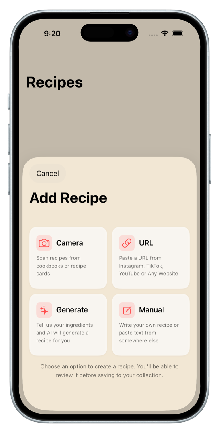 Noosh add recipe screen with options to import via Camera, URL, AI Generate, or Manual entry