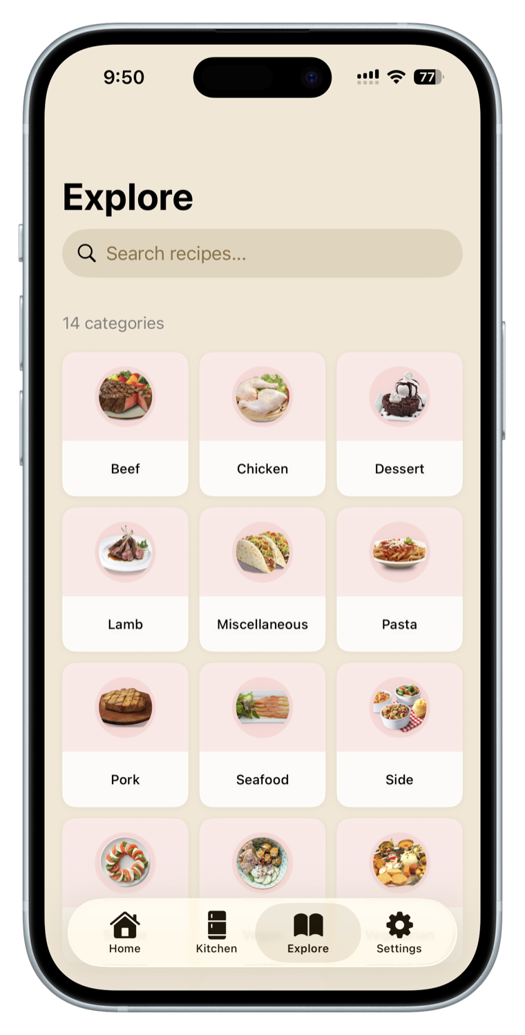 Noosh explore screen showing recipe categories like Beef, Chicken, Dessert, Pasta, and Seafood