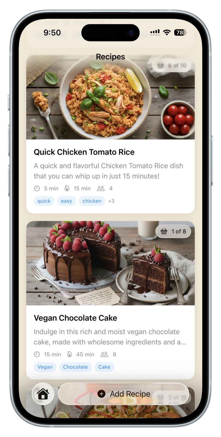 Noosh recipe manager app showing imported recipes like Quick Chicken Tomato Rice and Vegan Chocolate Cake