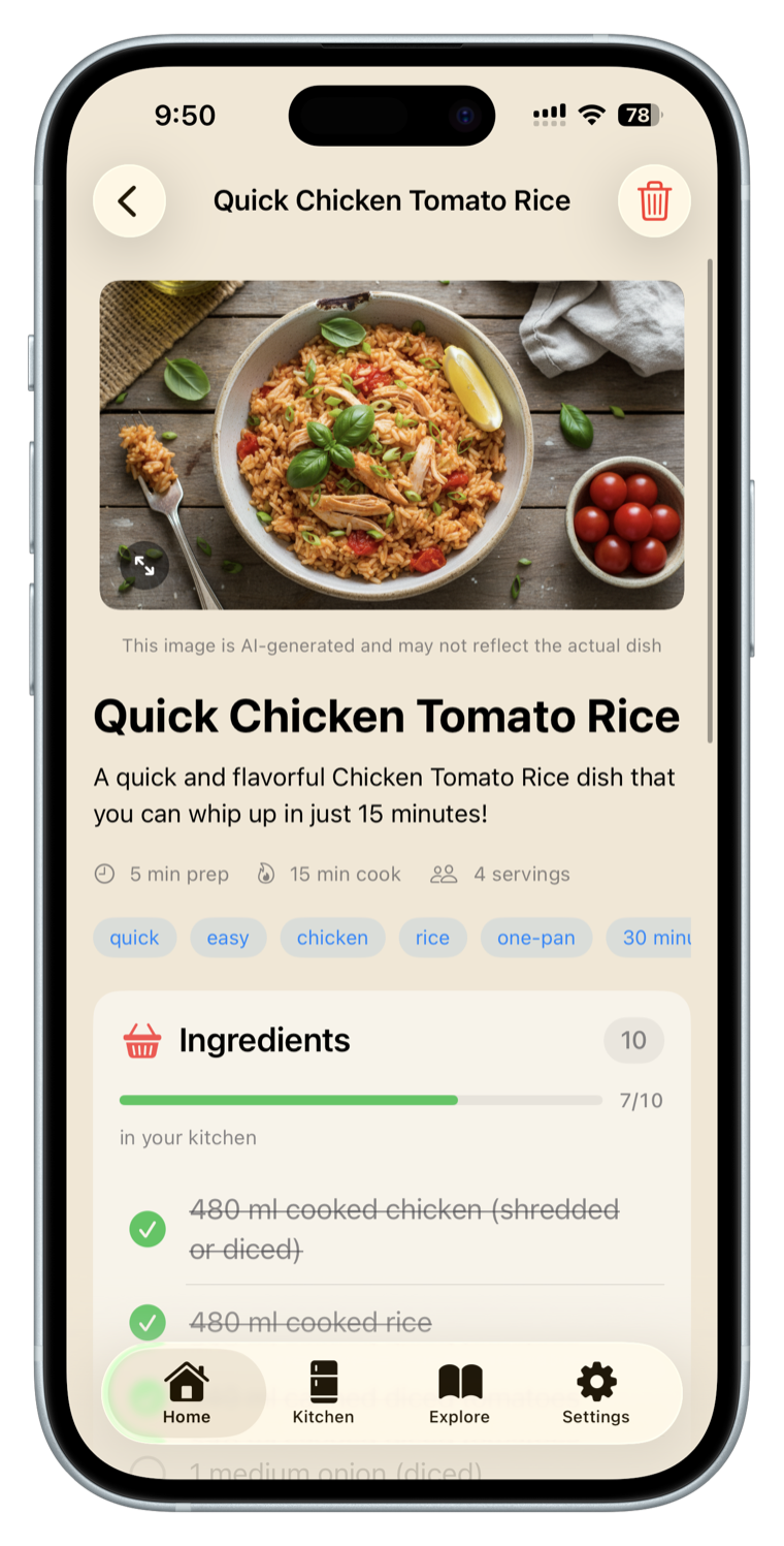 Noosh recipe detail view showing ingredients with smart shopping list tracking what you already have